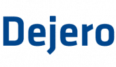 The image shows the word "Dejero" written in bold blue letters on a light background.