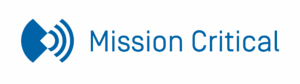 Blue text reading "Mission Critical" next to a blue abstract logo with concentric signal waves on a white background.