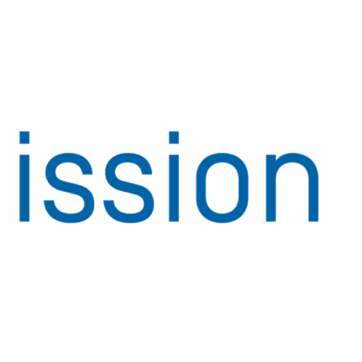 Blue text reading "Mission Critical" next to a blue abstract logo with concentric signal waves on a white background.