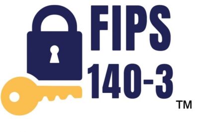 A graphic with a navy padlock and yellow key beside the text "FIPS 140-3™" in bold navy letters, representing security compliance standards.