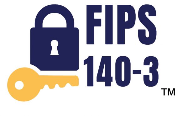 A graphic with a dark blue padlock above a yellow key, next to the text "FIPS 140-3™" in bold dark blue letters.
