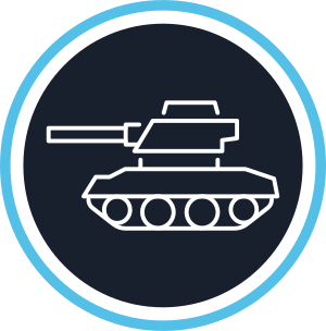 A white outline of a tank inside a dark circle with a light blue and white border. The tank has a long barrel and visible tracks.