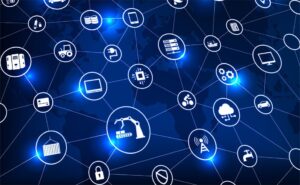 A digital illustration of interconnected technology icons, such as servers, cloud, Wi-Fi, lock, gears, and robotic arm, over a world map background, representing global networking and the Internet of Things (IoT).