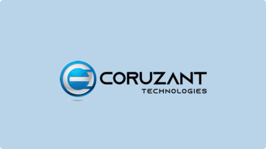 Logo for Coruzant Technologies on a light blue background. The design features a stylized blue and white 'C' inside a circular icon, followed by the company name in bold black text.
