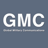 White text reads “GMC” with “Global Military Communications” underneath on a solid gray background.