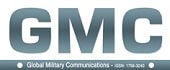 Logo with large metallic letters "GMC". Below, a gray bar contains the text "Global Military Communications - ISSN: 1756-5402" in white, with two white dots on either side.