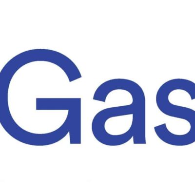 Gastech logo featuring a blue geometric hexagon design on the left and the word "Gastech" in bold blue font on the right.