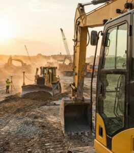 Construction site with multiple excavators, bulldozers, and cranes working at sunset. A worker in a safety vest uses surveying equipment in the dusty environment. The scene is busy and industrial.