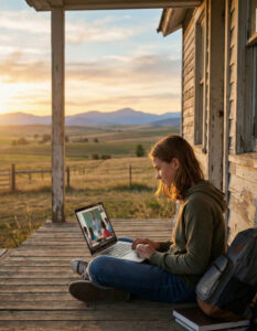 A young woman sits on a wooden porch using a laptop at sunset, with mountains and fields in the background. A backpack and books are beside her, suggesting she is studying or attending a virtual class outdoors.