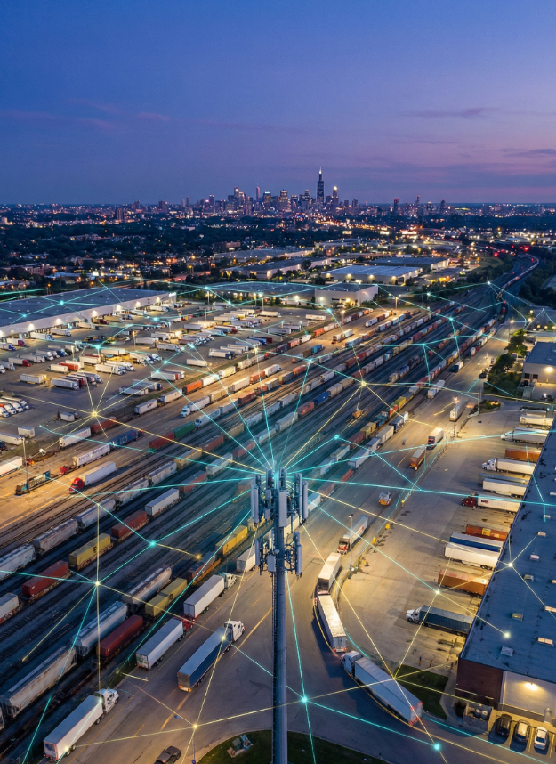 Aerial view of a busy freight yard with many trucks and containers at dusk, city skyline in the distance, and digital network lines superimposed, symbolizing connectivity and smart logistics.
