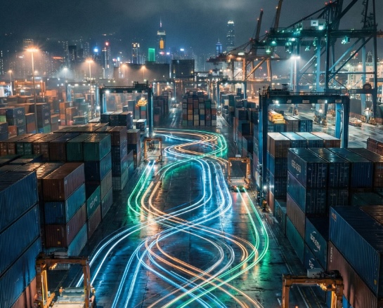 A nighttime port scene with stacked shipping containers, lit cranes, and colorful light trails weaving through, suggesting movement. City skyscrapers with illuminated windows are visible in the background.