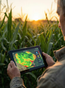 A person stands in a cornfield at sunset, holding a tablet displaying a colorful map with green, yellow, and red areas, likely monitoring crop health or analyzing field data.