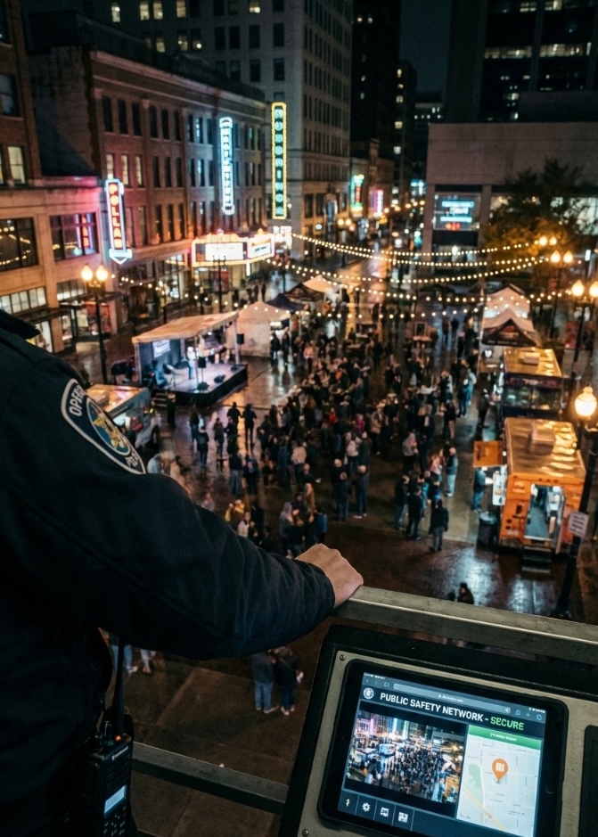 A police officer oversees a large crowd at a lively, illuminated outdoor night event from an elevated platform, with a public safety network screen showing surveillance feeds in the foreground.