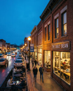 People walk along a lively, well-lit downtown street at dusk. Some sit outside a café called The Daily Bean, while cars drive by and streetlights illuminate the brick buildings lining the road.