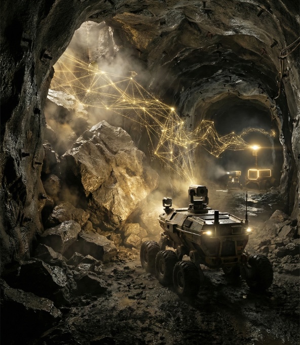 A rugged, six-wheeled robotic vehicle explores a rocky, dimly lit underground tunnel, illuminated by yellow network-like light patterns on the cave walls and another vehicle in the distance.