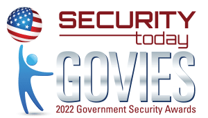 Logo for the 2022 Government Security Awards showing a blue figure holding a globe with a U.S. flag design, next to the text “Security Today Govies 2022 Government Security Awards.”.