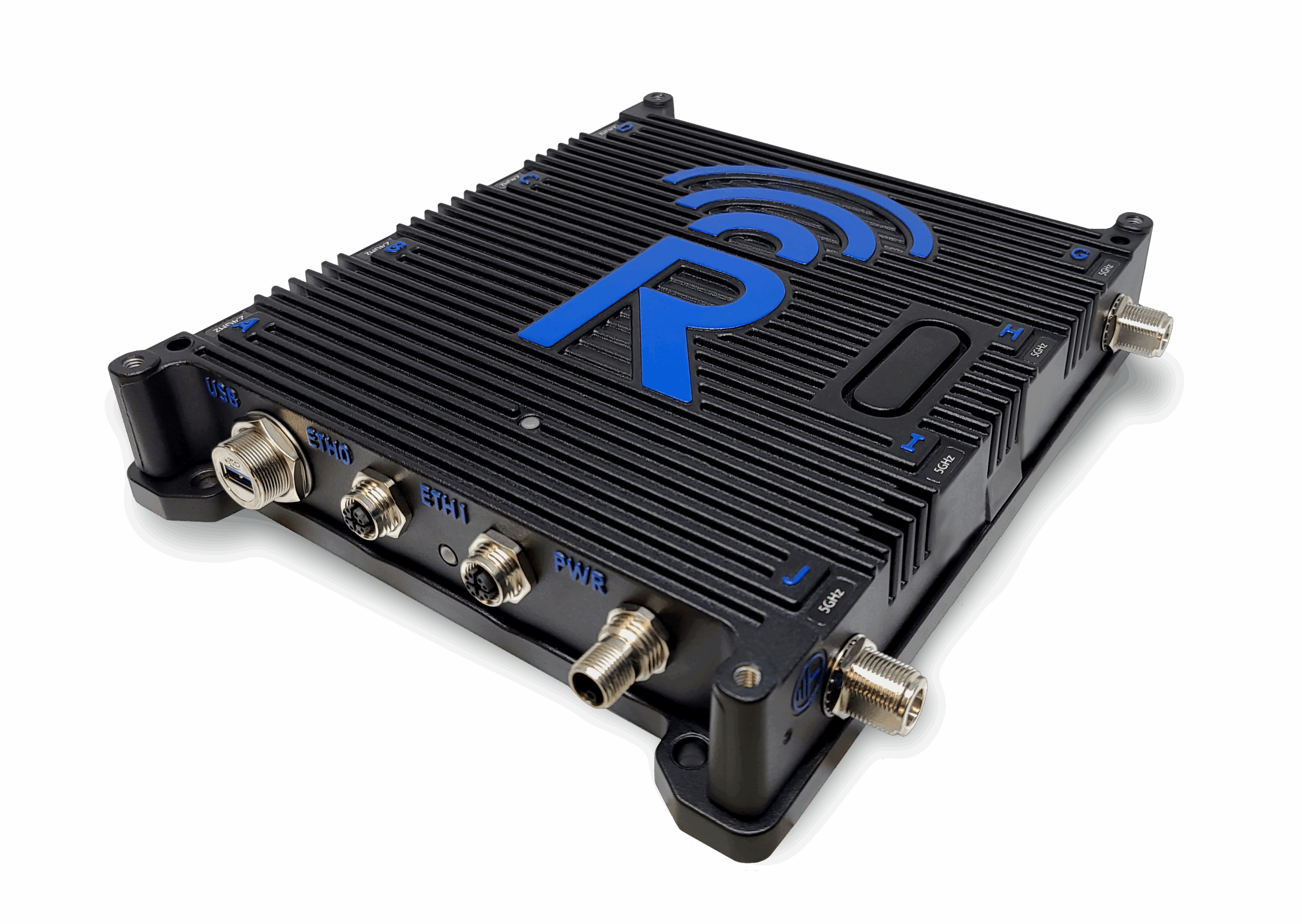 A black rectangular electronic device with metal ports on one side, labeled LTE, GNSS, ETH1, BWT, and WiFi. The top features a large blue "R" with a wireless signal icon above it.