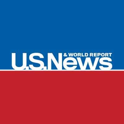 The image shows the U.S. News & World Report logo with a blue upper half and a red lower half, separated by a white line. "U.S. News & World Report" is written in bold white text across the center.