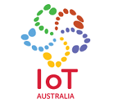 Logo featuring colorful dotted lines forming a connected, abstract shape above the red text "IoT AUSTRALIA" on a white background.