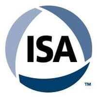 ISA logo featuring the black letters "ISA" centered inside a circular design made of three curved blue and gray segments on a white background.
