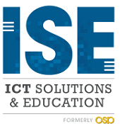 Logo with large blue letters "ISE" above the text "ICT Solutions & Education" in gray, and smaller yellow text below reading "Formerly OSP." The background features a subtle pixel pattern.