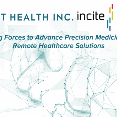 Logos of Rajant Health Inc. and Incite Health above a blue wireframe graphic, with text reading "Joining Forces to Advance Precision Medicine and Remote Healthcare Solutions.