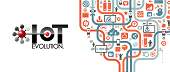 Logo for IoT Evolution on the left, with interconnected blue and red lines forming a network of technology icons—such as gears, clouds, and devices—on the right, symbolizing the Internet of Things.