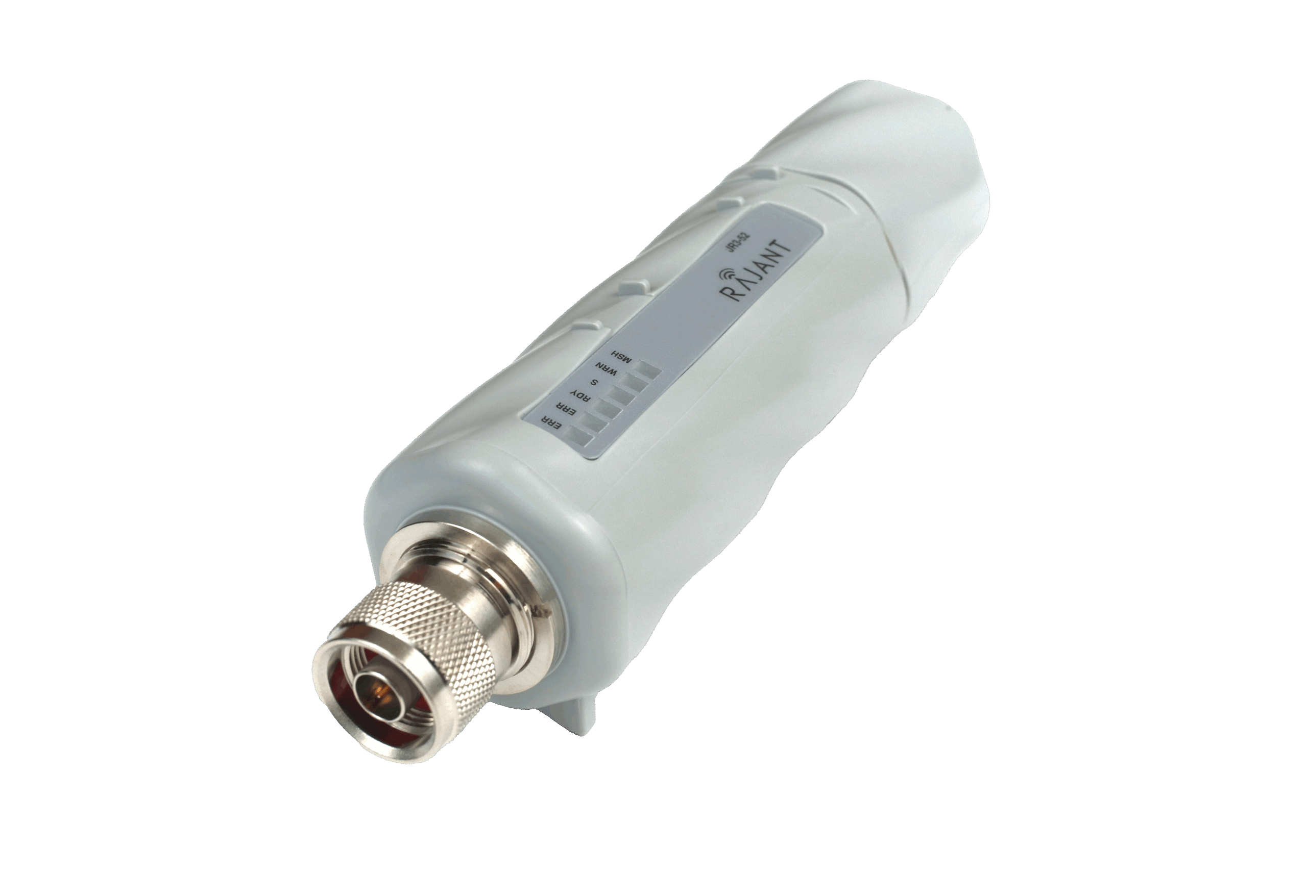 A close-up of a white electronic device with a metallic connector, labeled "Rianfi," and LED indicator lights on its side, set against a plain white background.