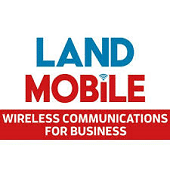 Logo with the text "LAND MOBILE" in blue and red, and "WIRELESS COMMUNICATIONS FOR BUSINESS" in white on a red background below. The letter "I" in "MOBILE" is stylized with a Wi-Fi symbol.