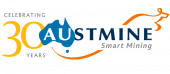 A logo celebrating 30 years of Austmine, featuring the word “Austmine” with a blue Australia map for the “A” and an orange outline of a kangaroo above the words “Smart Mining.”.
