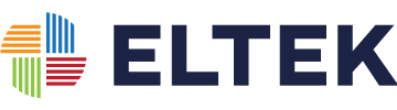 Logo featuring four colored curved bars—orange, blue, green, and red—arranged in a circular shape to the left of the bold, dark blue text "ELTEK" on a light background.