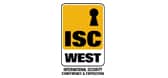 ISC West logo featuring a yellow rectangle with a black keyhole symbol above bold black "ISC" text, and "WEST" written below in white on a black background, with smaller text "International Security Conference & Exposition.