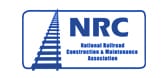 Logo for the National Railroad Construction & Maintenance Association (NRC), featuring stylized railroad tracks on the left and the NRC acronym with the full name on the right in blue text.