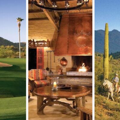 A triptych image shows a golf course with palm trees, a cozy lodge interior with a rustic fireplace, and two horseback riders among tall cacti in a desert landscape.