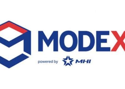 Logo for MODEX 2022 featuring a hexagonal design with an "M" shape, the text "MODEX 2022" and "powered by MHI" with a star symbol. The colors are mainly blue and red.