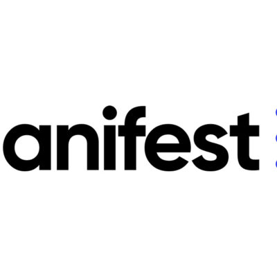 The image displays the word "Manifest" in bold black letters, followed by six blue dots arranged in two rows of three on a white background.