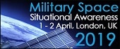 A promotional banner for the "Military Space Situational Awareness" event, held 1-2 April 2019 in London, UK, with an image of Earth and a satellite panel in the foreground.