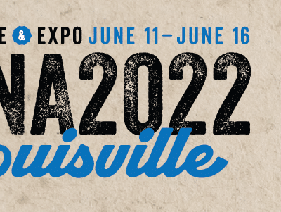 Banner for NENA 2022 Conference & Expo in Louisville, held June 11–16. The left side has event details on a tan background, with blue icons and designs on the right side.
