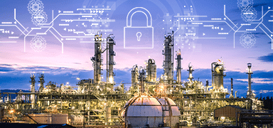 A large industrial plant with various towers and tanks is shown at dusk. Digital circuit graphics and a padlock icon are overlaid, symbolizing cybersecurity for industrial facilities.