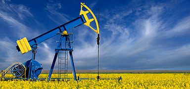 A blue and yellow oil pumpjack stands in the middle of a bright yellow field under a partly cloudy blue sky.