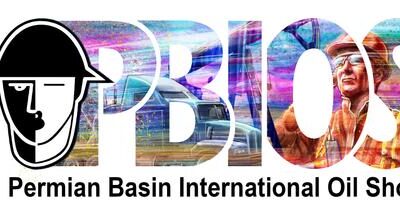 Logo for the Permian Basin International Oil Show, featuring stylized letters "PBIOS" with oil field imagery and a worker in a hard hat, alongside a black-and-white face in a helmet.