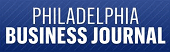 Logo for the Philadelphia Business Journal, with white text on a blue background featuring diagonal lines.