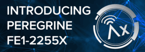 White text reads "INTRODUCING PEREGRINE FE1-2255X" next to a silver circular logo with antenna and "λx" symbols, on a blue background with interconnected digital lines.