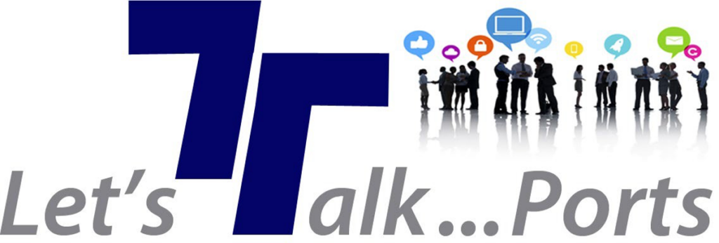 Logo with large blue "T"s, the words "Let's Talk... Ports" in gray, and silhouettes of people networking with colorful digital icons above them, representing various forms of communication and technology.