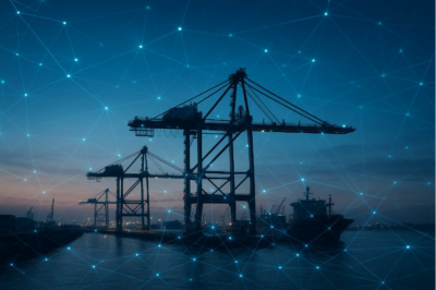 Silhouettes of large shipping cranes and a cargo ship at a port at dusk, overlaid with a digital network of glowing blue connection points and lines, symbolizing smart technology in shipping logistics.