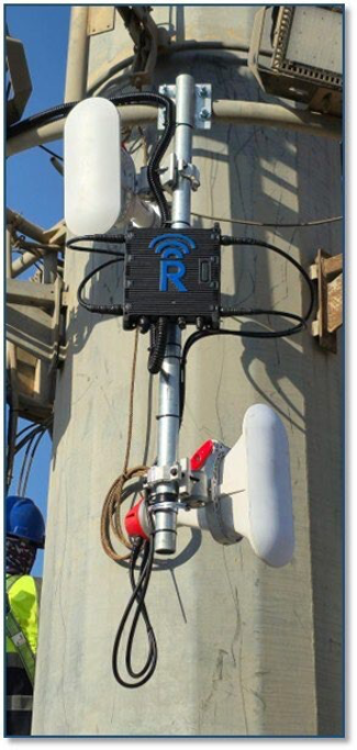 A communications device with antennas and cables is mounted on a utility pole. A person in a safety vest and helmet stands nearby. Blue sky is visible in the background.
