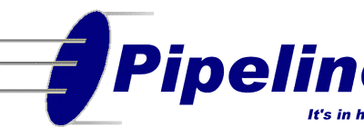 Logo with the word "Pipeline" in bold blue text, preceded by a blue oval with three horizontal grey lines passing through it. Below "Pipeline," smaller blue text reads, "It's in here.