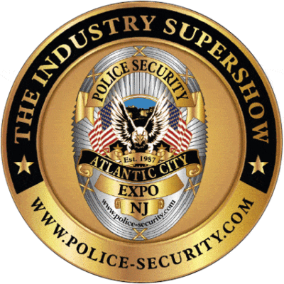 Gold badge logo for "The Industry Supershow," featuring an eagle, American flags, and text: "Police Security Expo, Atlantic City, NJ, Est. 1987." Website link: www.police-security.com.