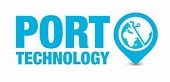 Blue "PORT TECHNOLOGY" text with a location pin icon featuring a ship anchor and globe inside. The design suggests a focus on maritime or port-related technology.
