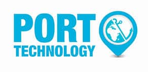 Blue "PORT TECHNOLOGY" text with a map marker icon containing a globe and anchor, representing global port or maritime technology, on a white background.